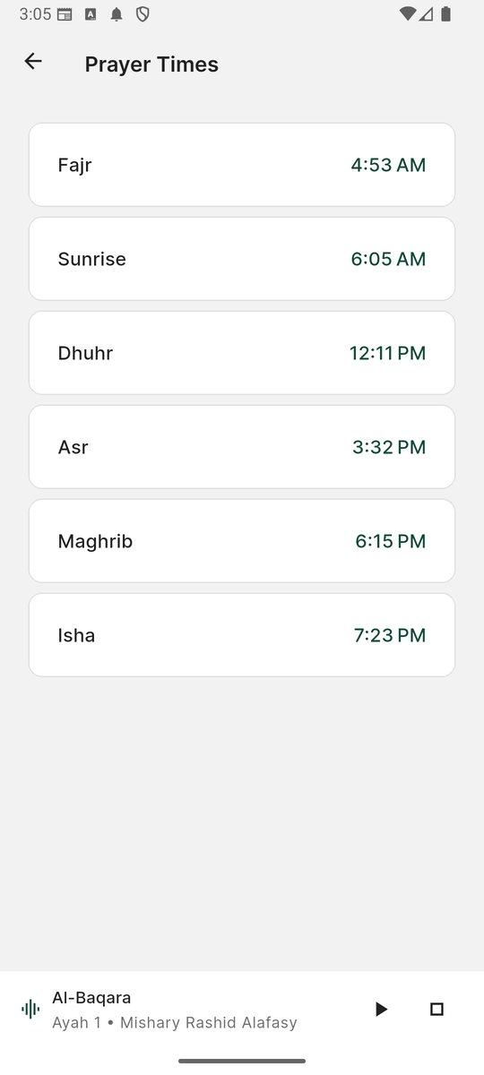 Prayer times screen